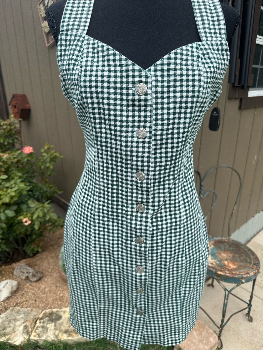 California Concepts Green Gingham Button-Front Mini Dress